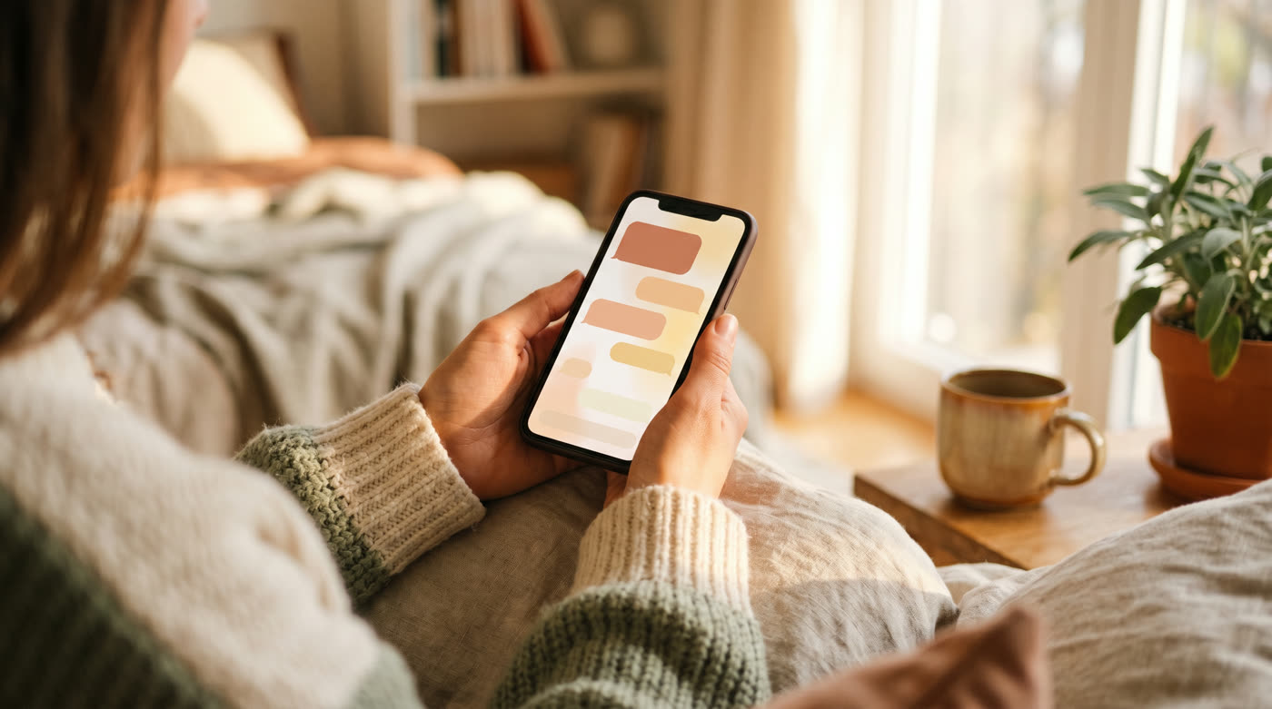 A phone glowing with a warm message in a cozy, sunlit room in the morning