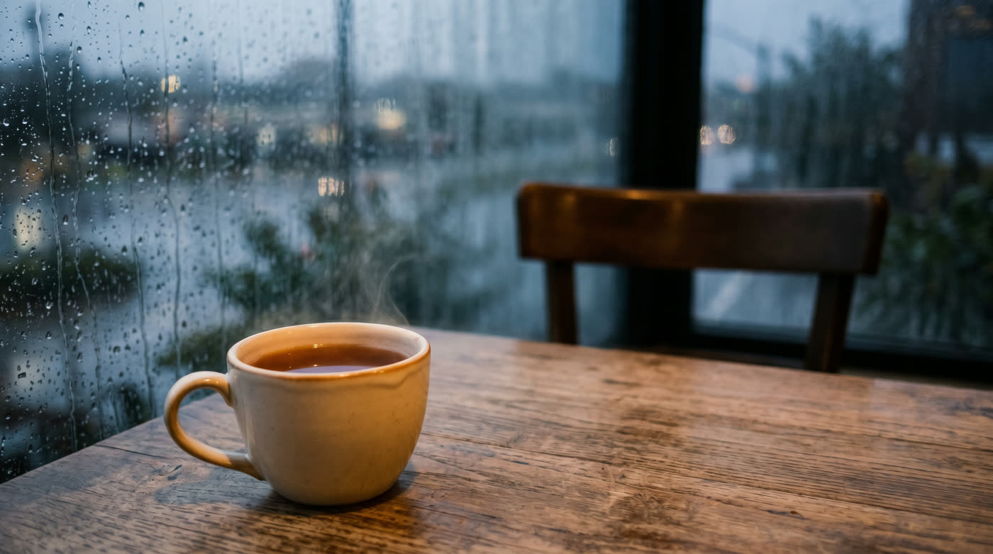 A single warm mug by a rainy window at dusk, an empty chair across the table