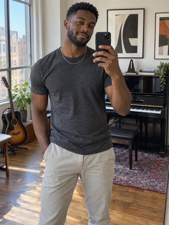 AI example of an adult Black British man taking a mirror selfie beside a piano in a sunlit music room