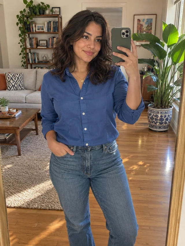 AI example of an adult Mexican woman in a blue shirt taking a mirror selfie in a sunny living room