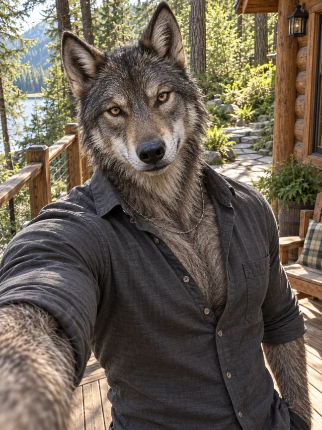 AI example of an adult werewolf in a fitted charcoal shirt on a sunlit cabin terrace