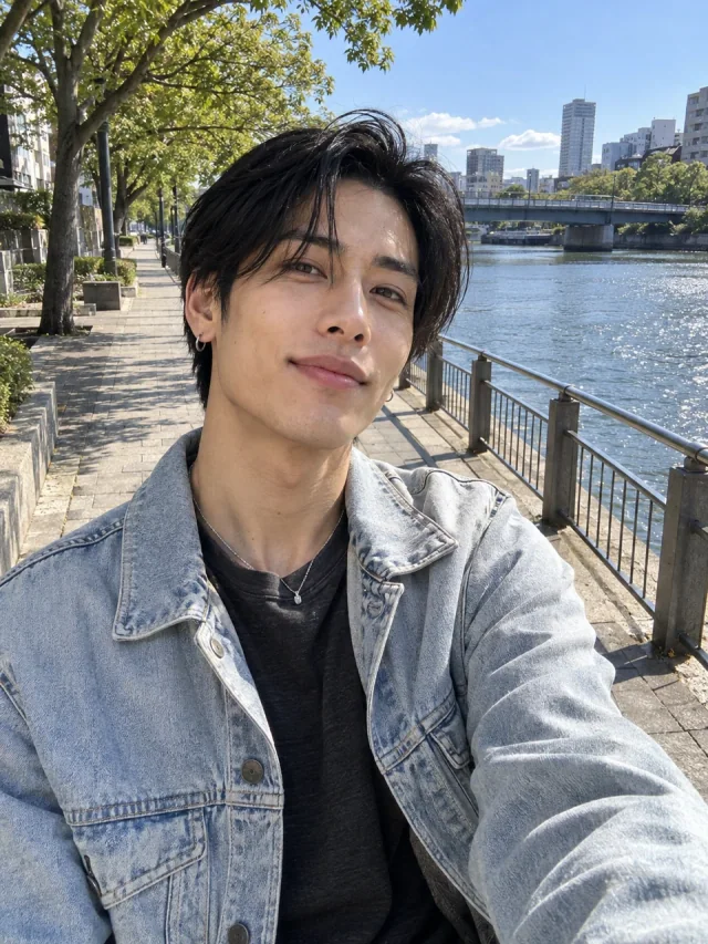 AI example of an adult Japanese man in a light denim jacket beside a sunny riverside walkway