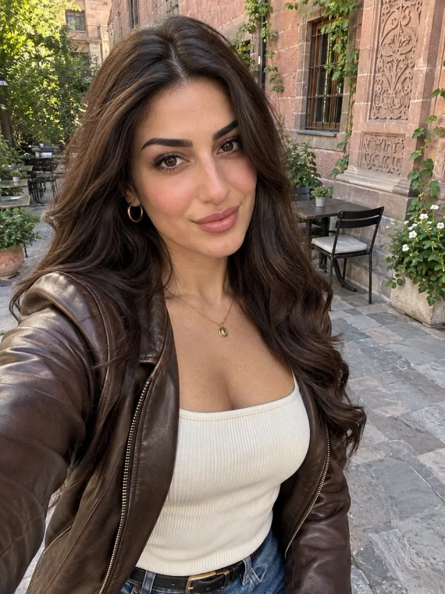 AI example of an adult Armenian woman with dark waves in a rose-stone courtyard