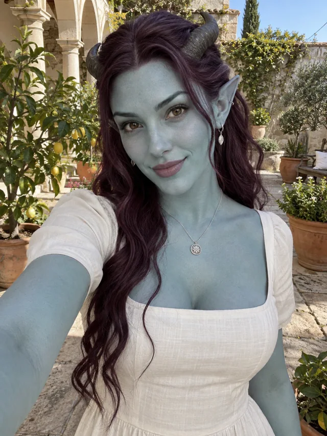 AI example of an adult blue-skinned fae woman with pointed ears and small horns in a botanical courtyard