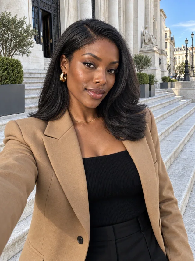 AI example of an elegant adult Black fashion editor in a camel blazer on grand city steps