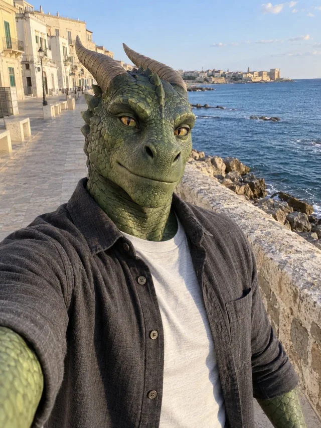 AI example of a green-scaled adult dragon person beside the sea