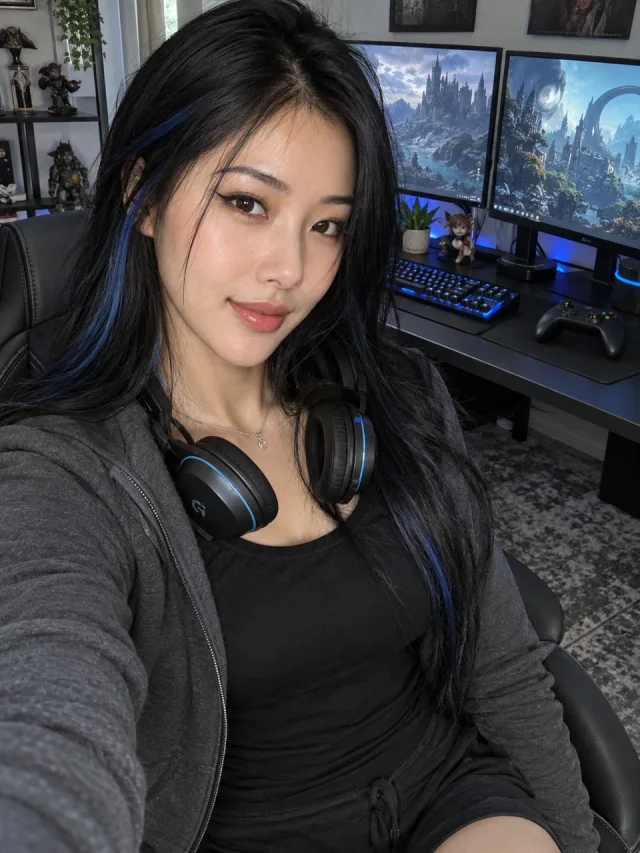 AI example of an adult gamer woman with long black hair, a blue streak and a headset in her gaming room