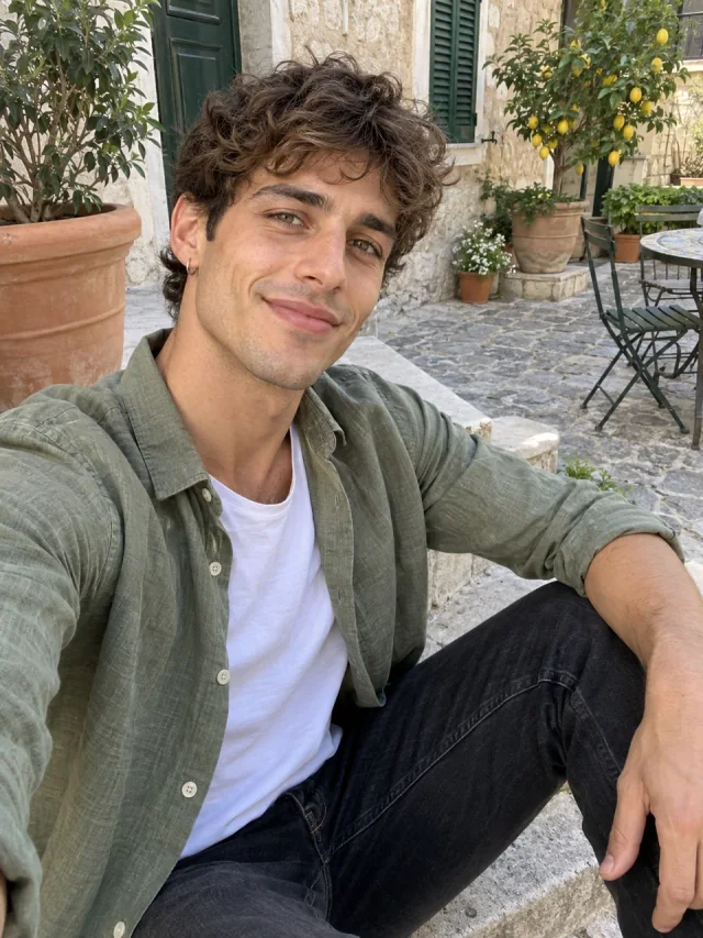 AI example of an adult Italian man taking a seated outdoor selfie in a sunny cafe courtyard