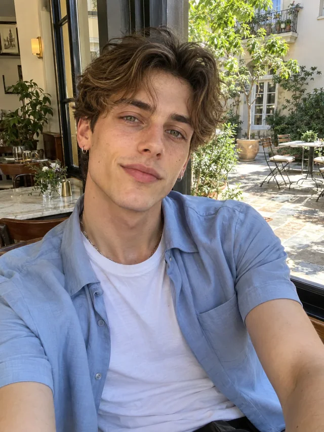 AI example of a slim adult man with tousled brown hair and silver earrings beside a sunny cafe courtyard