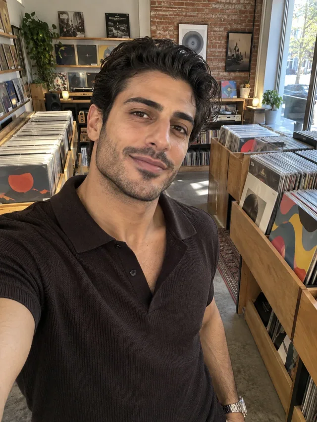 AI example of an adult Lebanese man in a dark knit polo inside a sunlit record shop